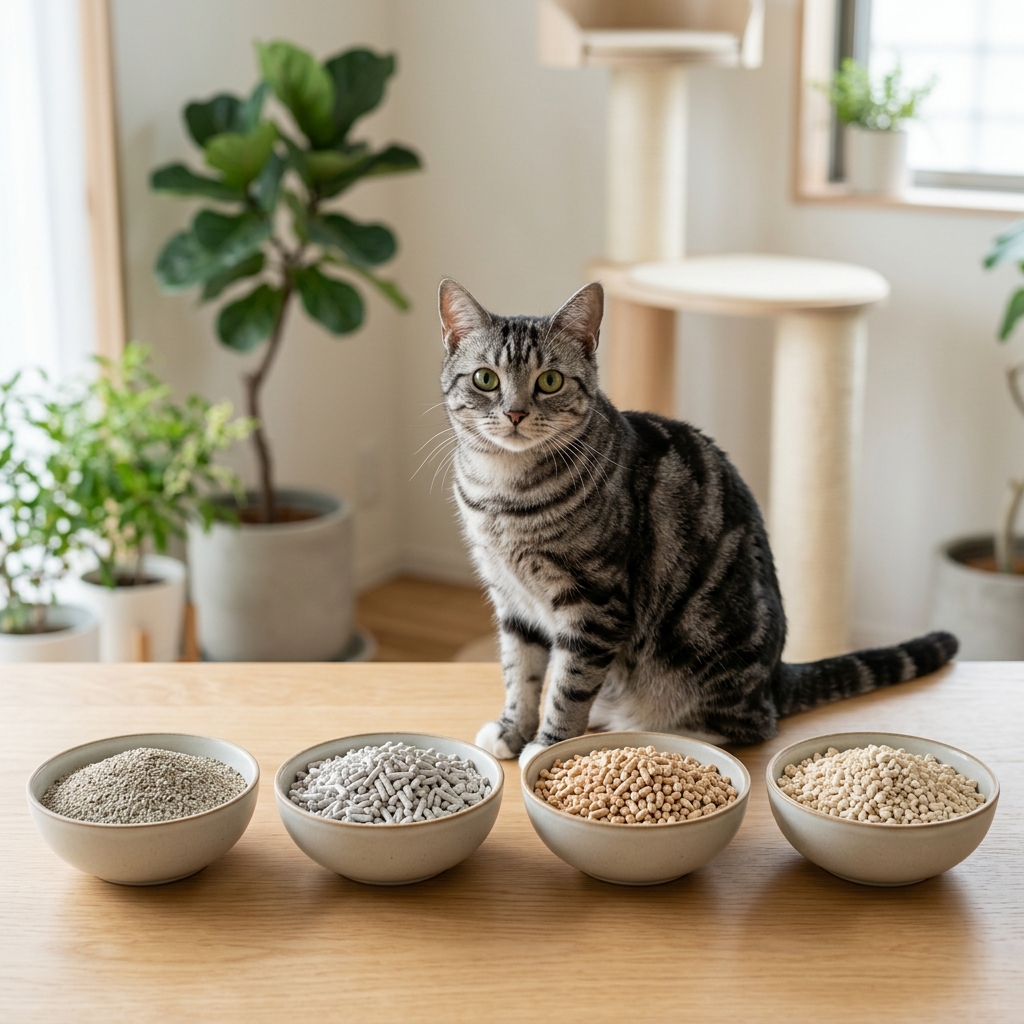 徹底比較！猫砂の全種類（鉱物・紙・木・おから）のメリットと選び方 アイキャッチ