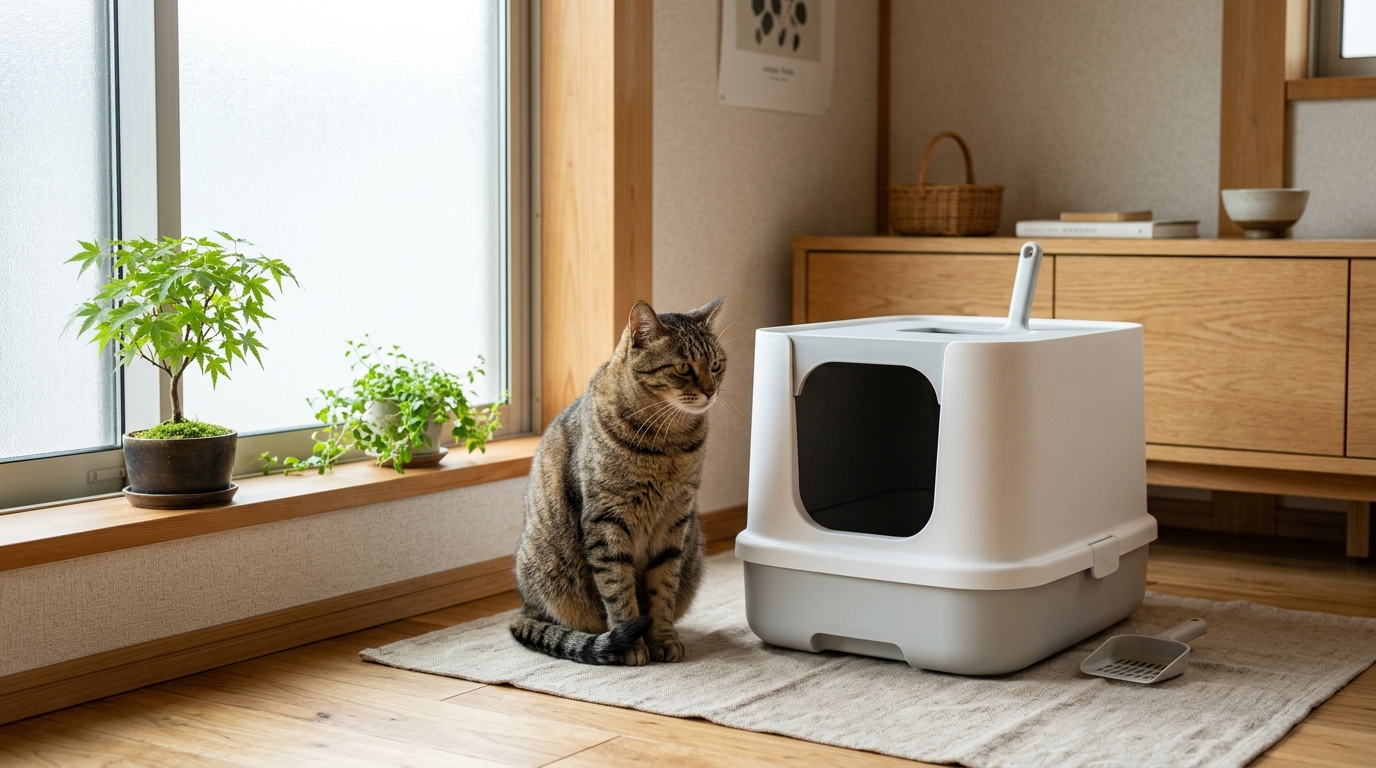 猫 猫トイレの前で 座る - 1