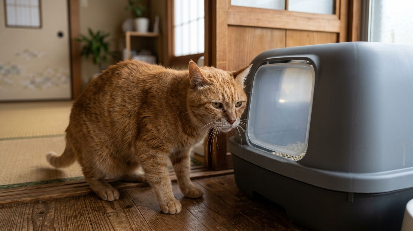 猫 猫トイレの前で 座る - 2
