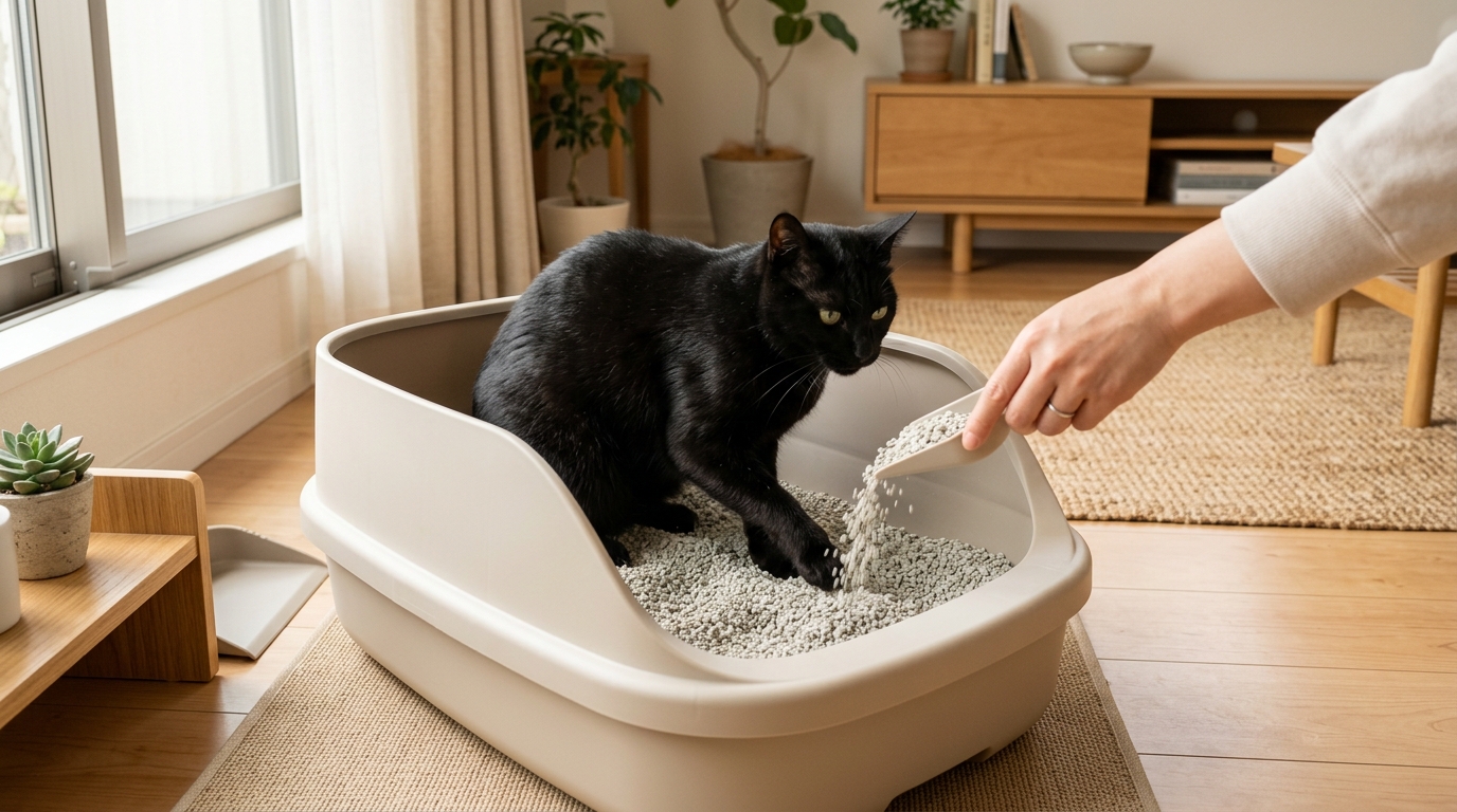 猫 猫トイレの前で 座る - 3