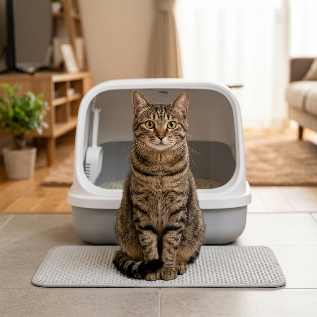 猫 猫トイレの前で 座る アイキャッチ