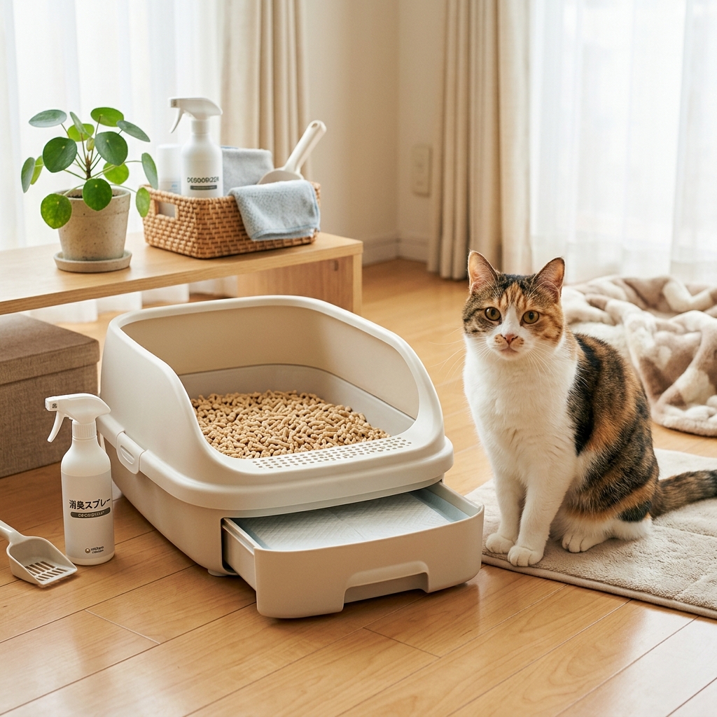 猫のシステムトイレが臭い原因は?正しい掃除方法と消臭のコツ アイキャッチ